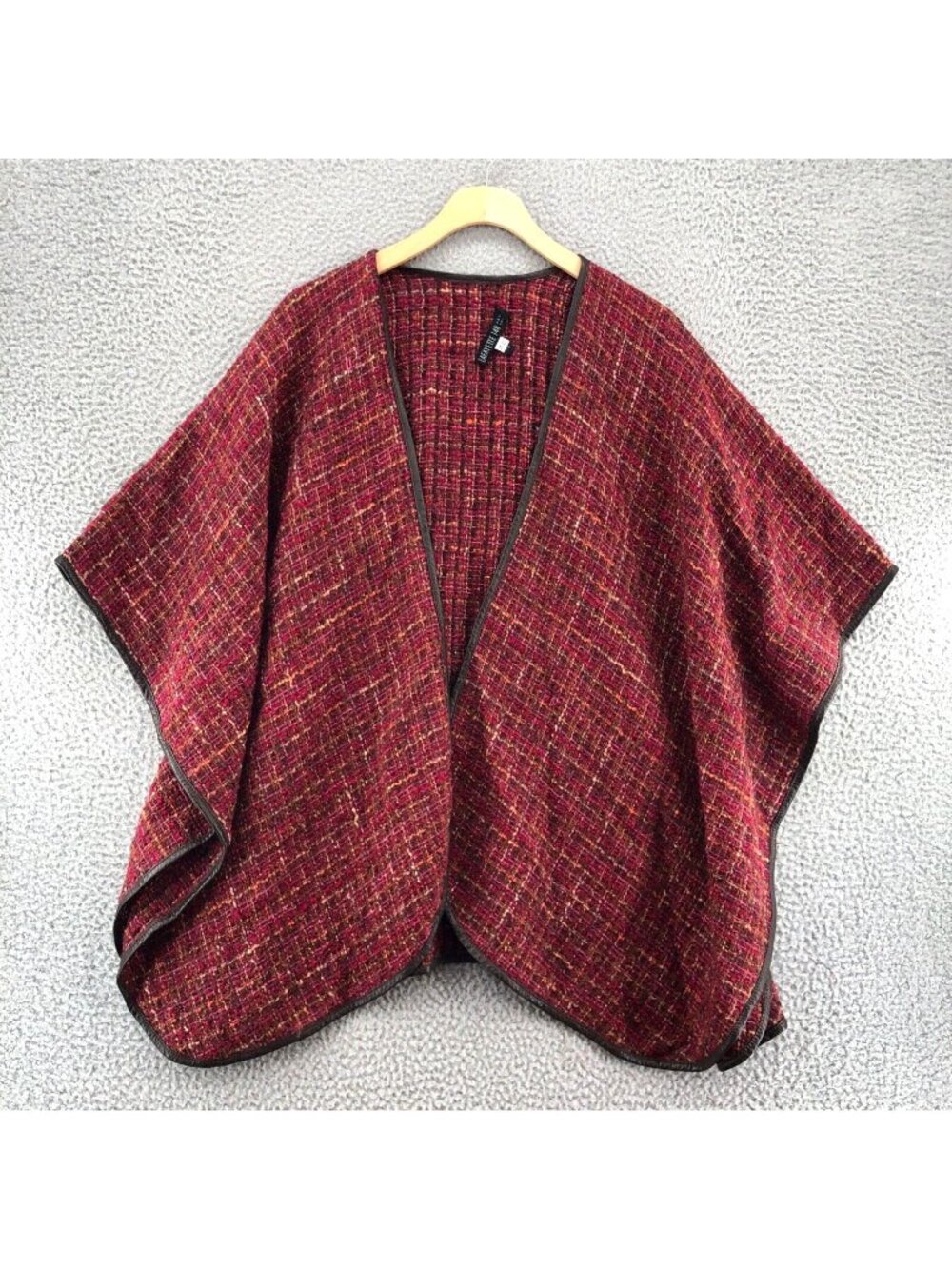 Lafayette 148 Poncho Womens OS Berry Marled Tweed Wool Leather Open Wrap Shawl